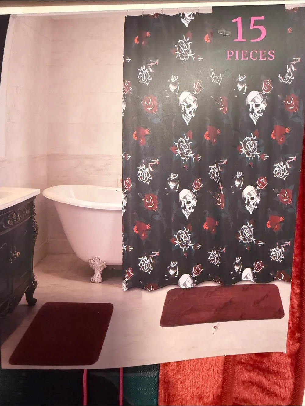 Ed Hardy Black Shower Curtain with Red Rose and Teal Leaves